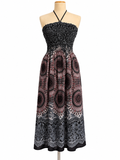 Thai Mandala Smocked Halter Maxi Dress – Black & Burgundy