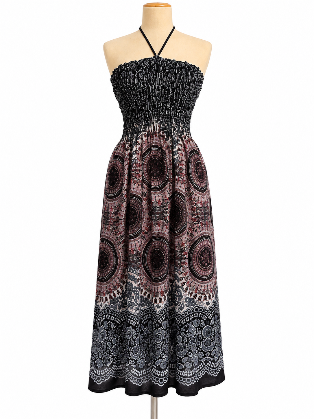 Thai Mandala Smocked Halter Maxi Dress – Black & Burgundy
