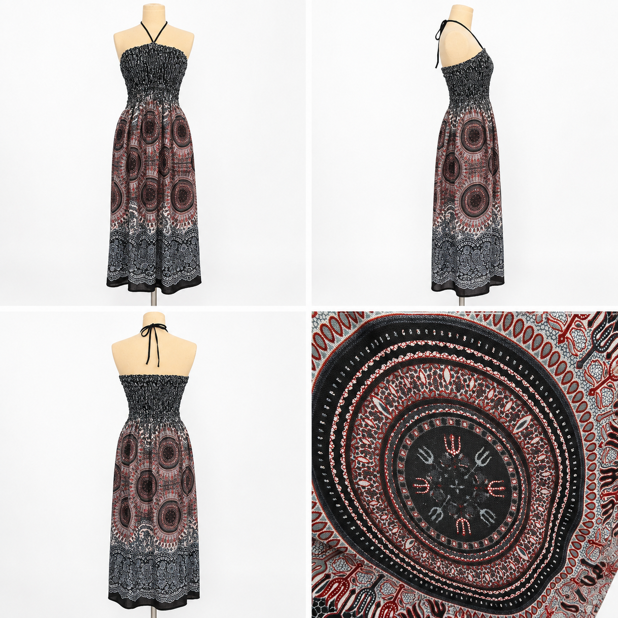 Thai Mandala Smocked Halter Maxi Dress – Black & Burgundy