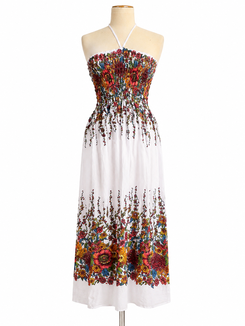 Thai Floral Smocked Halter Maxi Dress – White