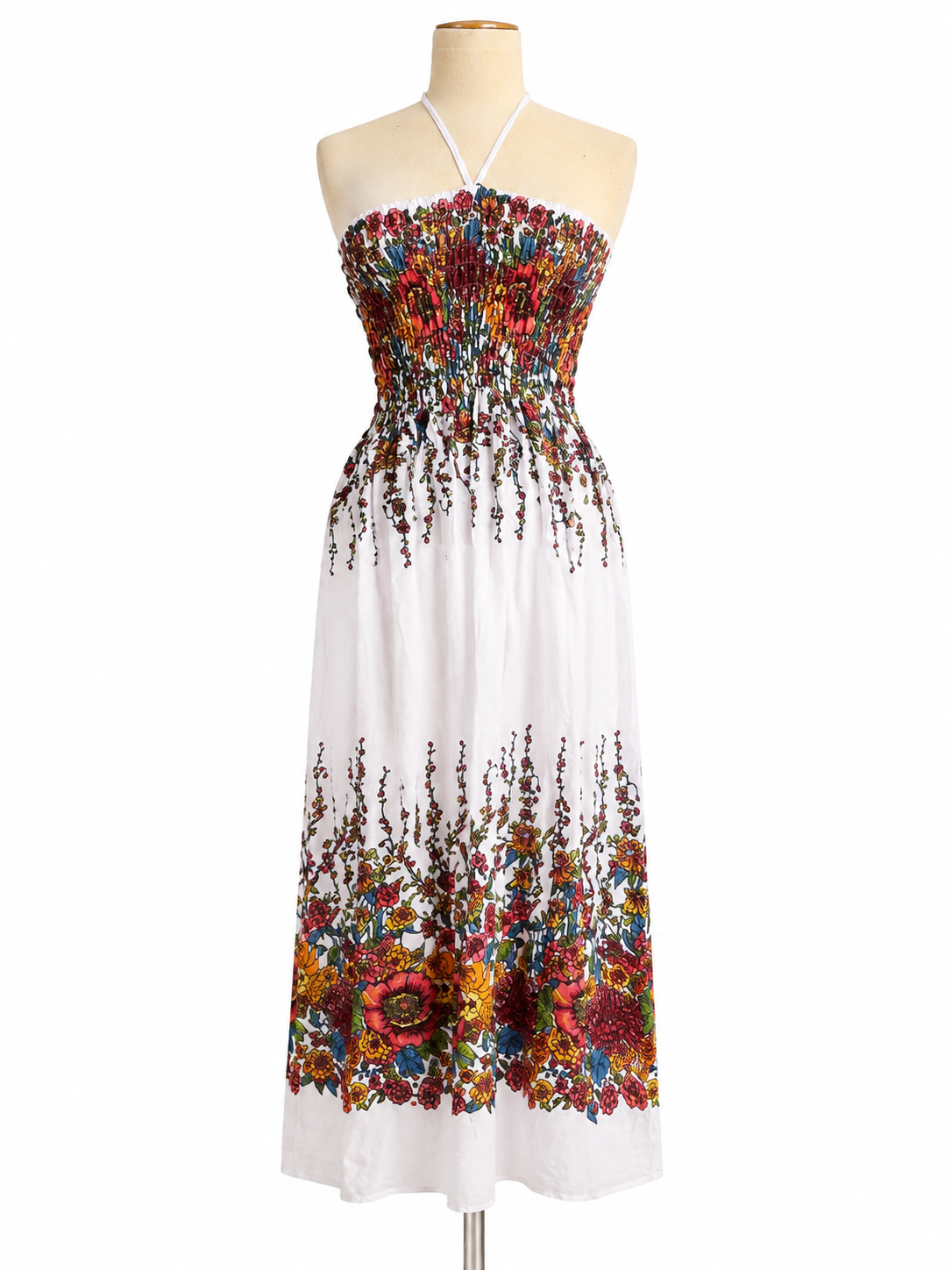 Thai Floral Smocked Halter Maxi Dress – White