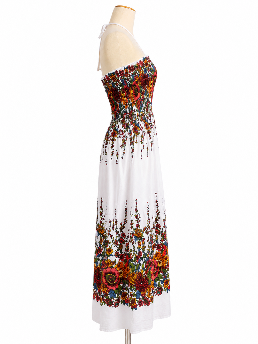 Thai Floral Smocked Halter Maxi Dress – White