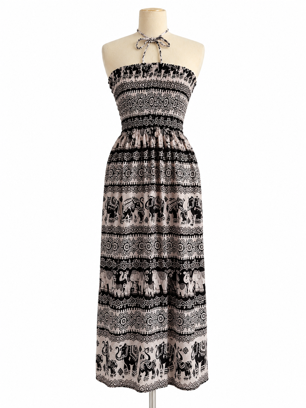 Thai Elephant Print Smocked Halter Maxi Dress