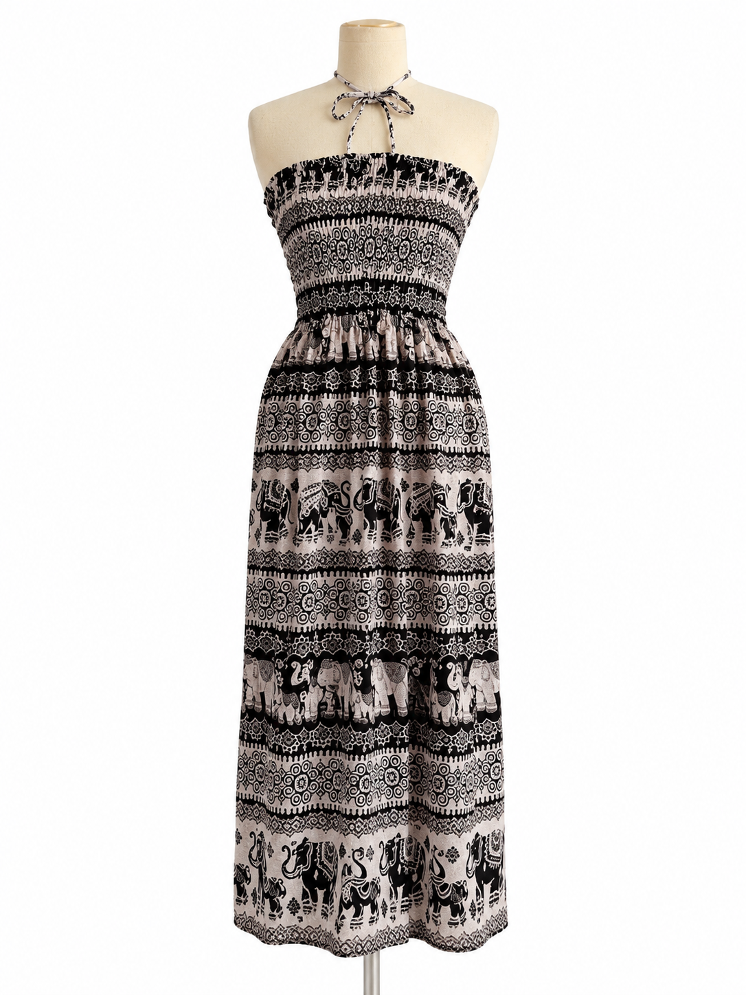 Thai Elephant Print Smocked Halter Maxi Dress