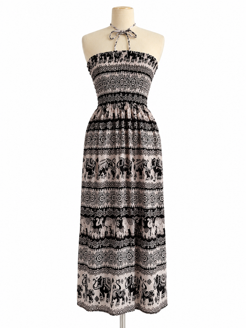 Thai Elephant Print Smocked Halter Maxi Dress