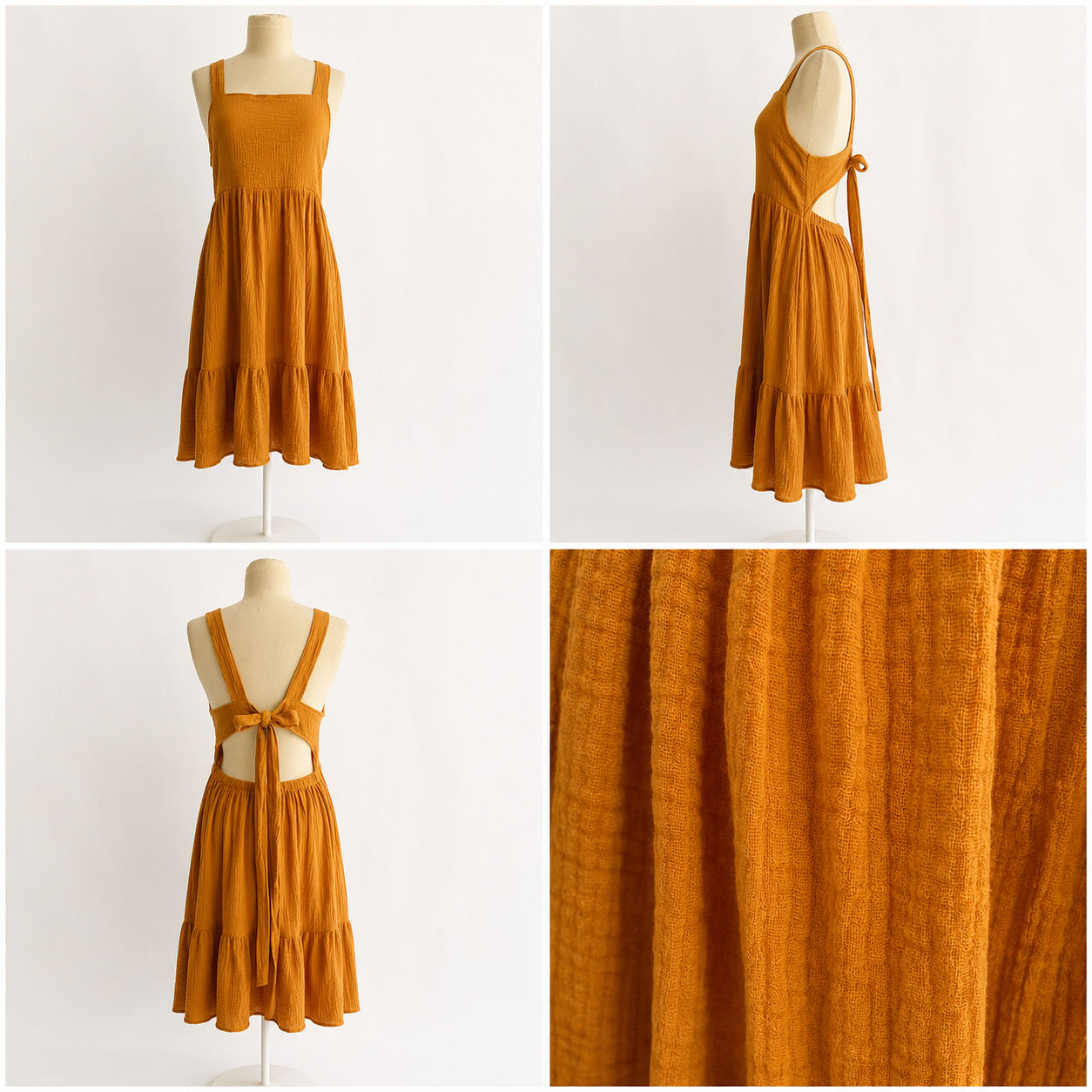 Textured Open-Back Tie Midi Dress