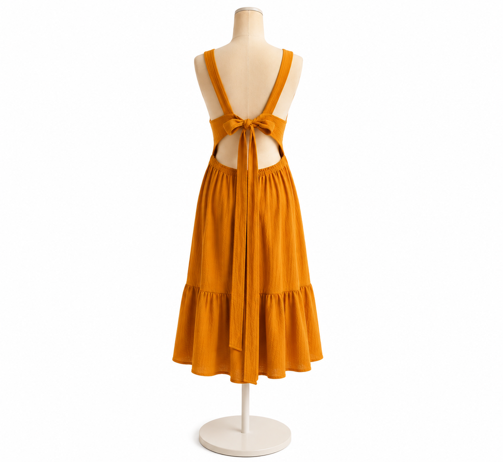 Textured Open-Back Tie Midi Dress