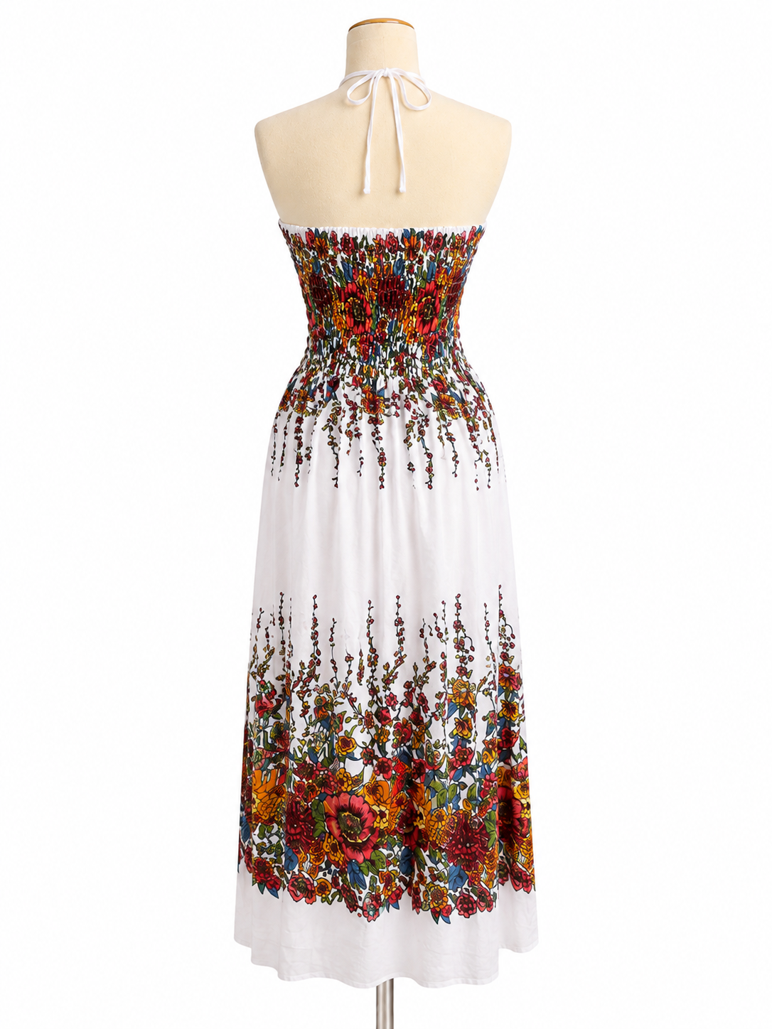 Thai Floral Smocked Halter Maxi Dress – White