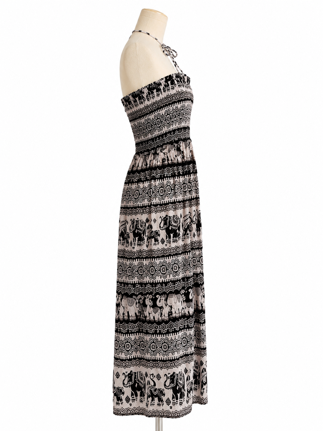 Thai Elephant Print Smocked Halter Maxi Dress