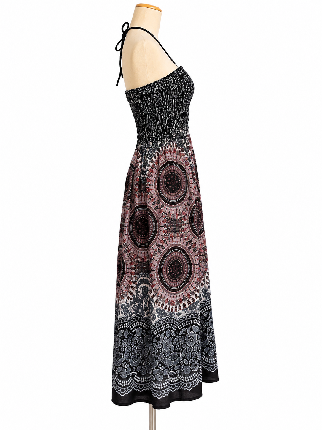 Thai Mandala Smocked Halter Maxi Dress – Black & Burgundy